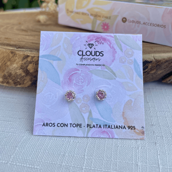 Aros tope de bebé Corona con Circón Rosa